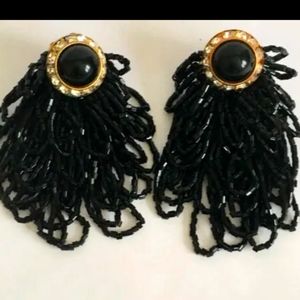 Unique Vintage Art Deco Black Beaded Fringe & Rhinestone Drop Statement Earrings